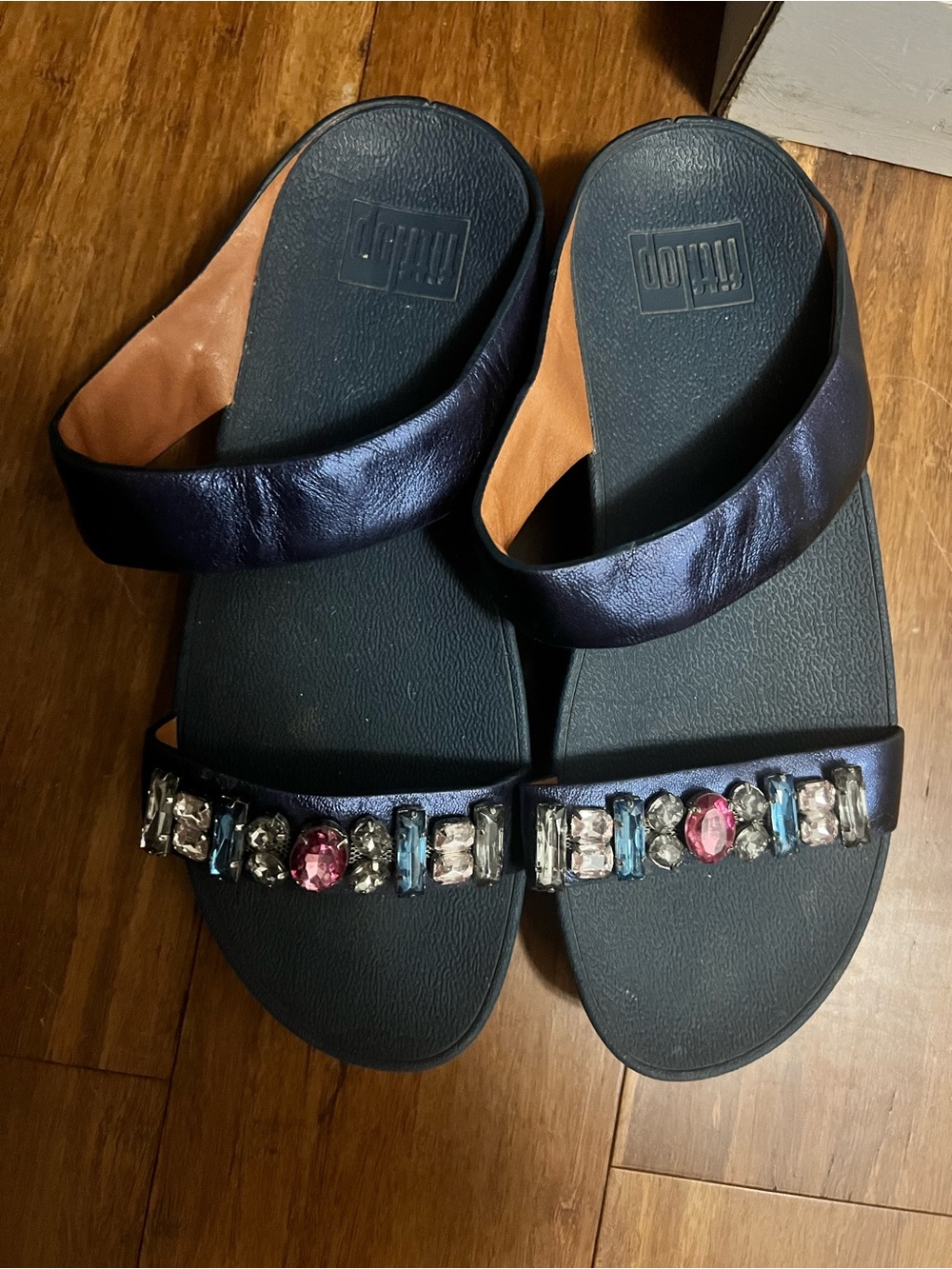 Fitflop Navy Jeweled Slide Sandals with Multicolor Gems